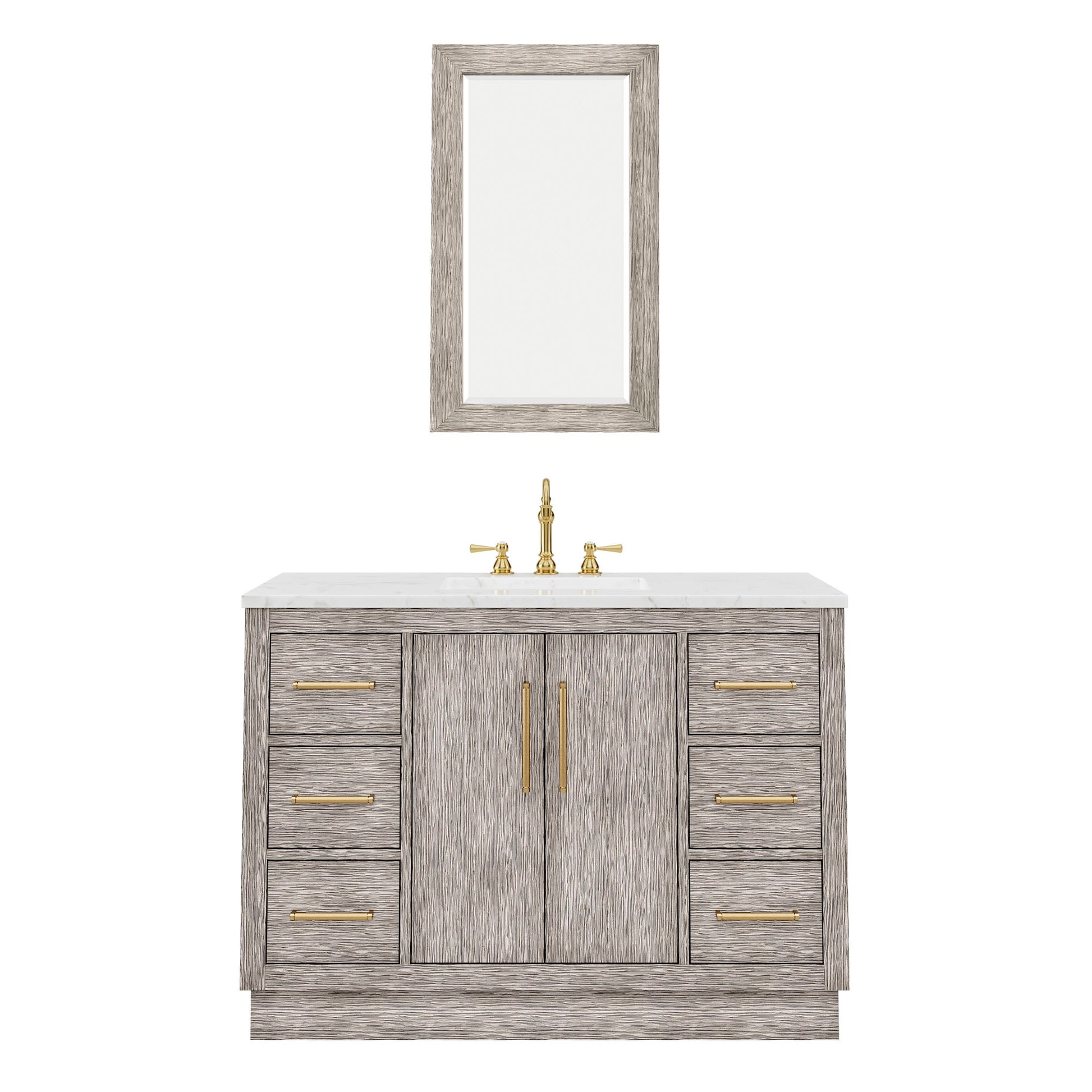 HUGO 48"W x 34.3"H Gray Oak Single-Sink Vanity with Carrara White Marble Countertop + Hook Faucet and Mirror