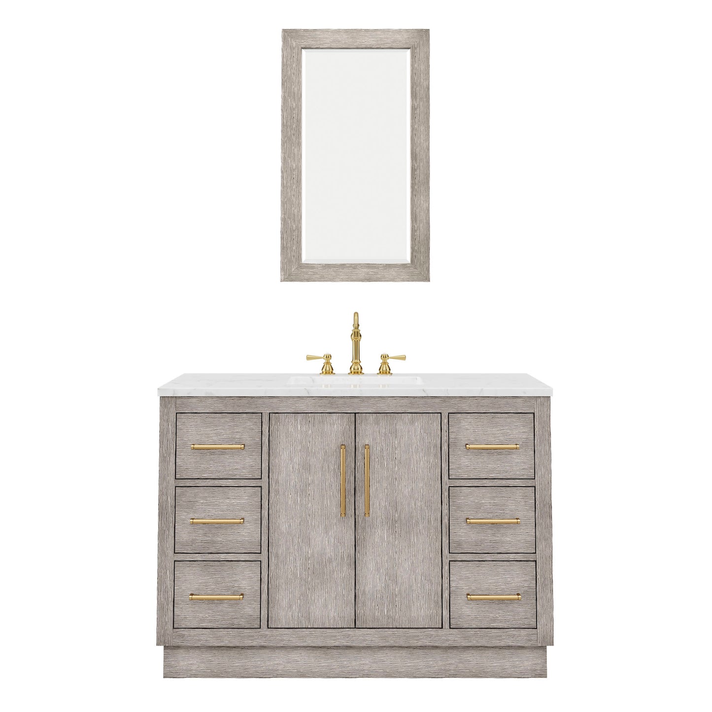 HUGO 48"W x 34.3"H Gray Oak Single-Sink Vanity with Carrara White Marble Countertop + Hook Faucet and Mirror