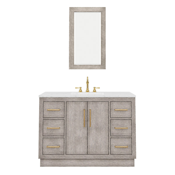 HUGO 48W x 34.3H Gray Oak Single-Sink Vanity with Carrara White Marble Countertop + Hook Faucet and Mirror