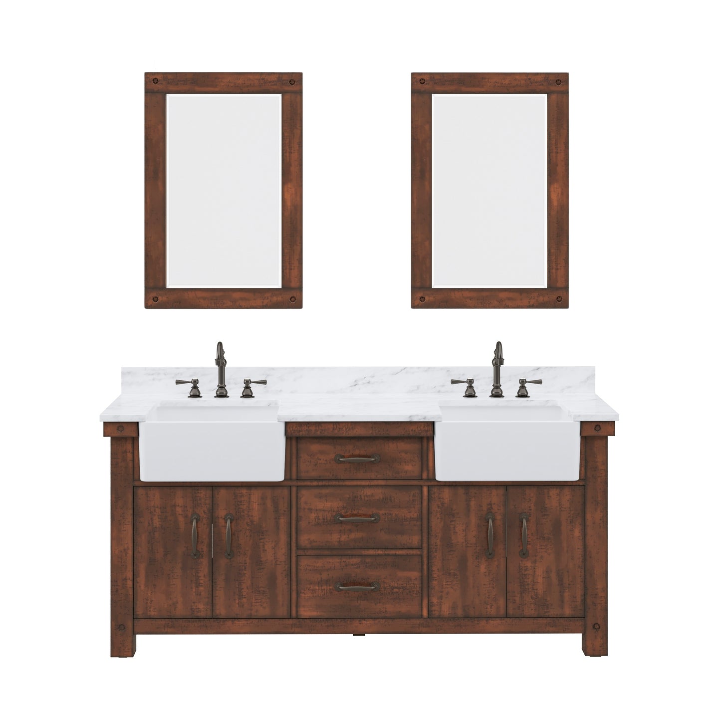 PAISLEY 72"W x 33"H Sierra Rustic Double-Sink Vanity with Carrara White Marble Countertop + Hook Faucet and Mirror