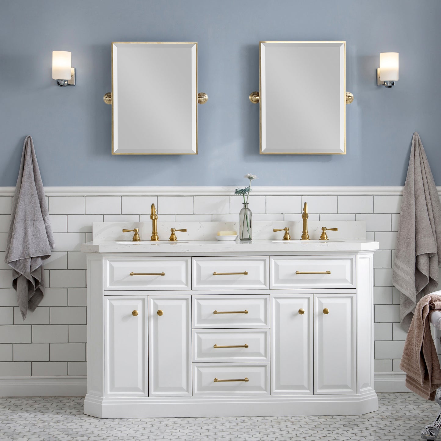 PALACE 60"W x 34"H Pure White Vanity with Carrara Quartz Countertop + Faucets & Mirrors (F2-0012), Satin Gold Finish Hardware & Chrome Finish Mirror (B)