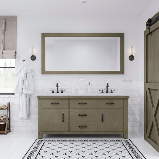 ABERDEEN 72"W x 34"H Grizzle Gray Double-Sink Vanity with Carrara White Marble Countertop + Faucets & Mirror