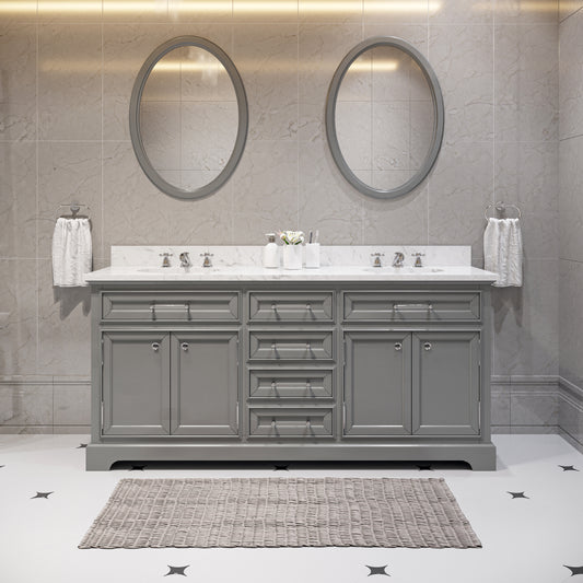 DERBY 72"W x 34"H Cashmere Gray Double-Sink Vanity with Carrara White Marble Countertop