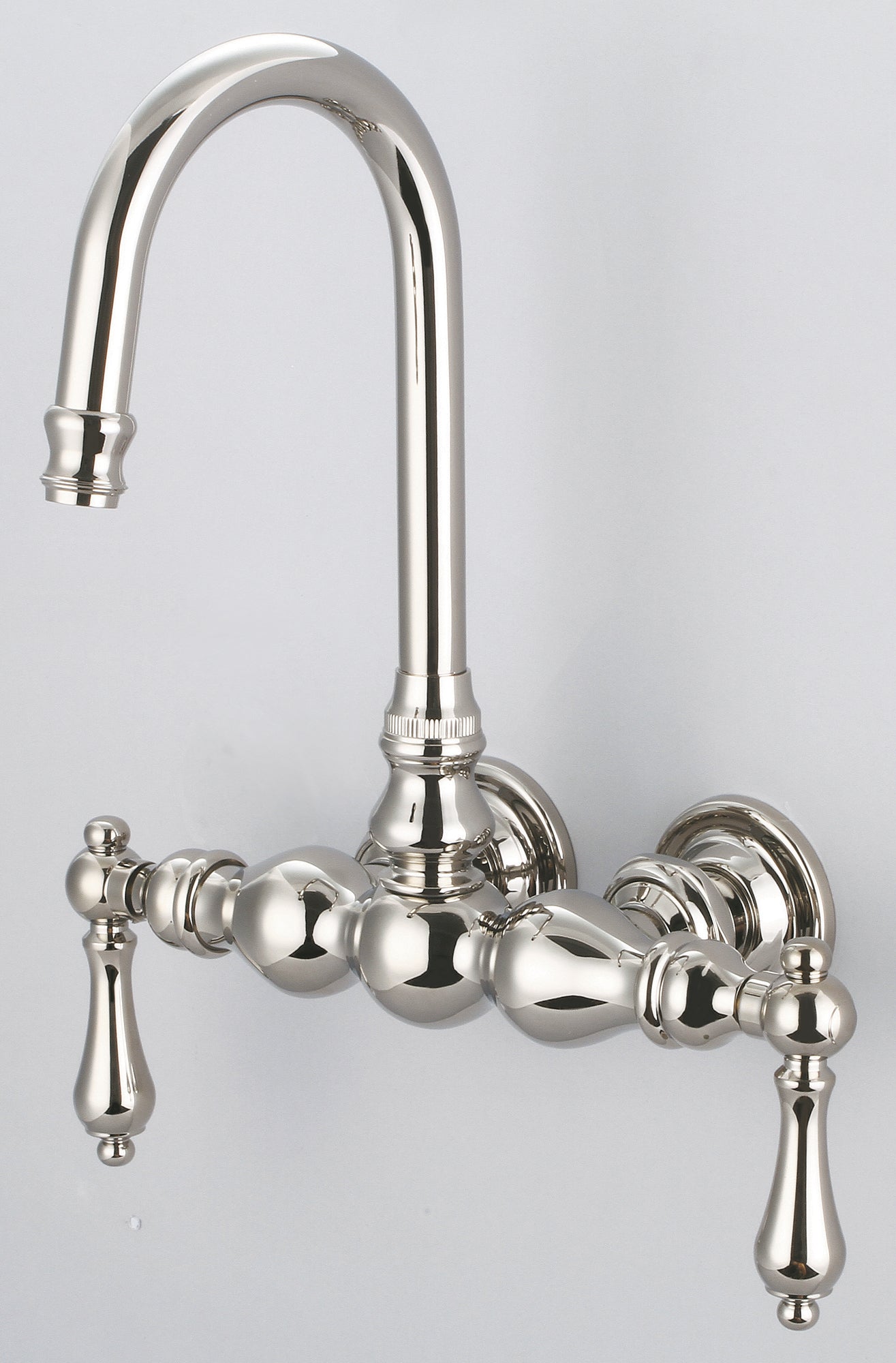 Vintage Classic 3.375" Center Wall Mount Tub Faucet With Gooseneck Spout & Straight Wall Connector in Polished Nickel Finish, With Metal Lever Handles Without Labels