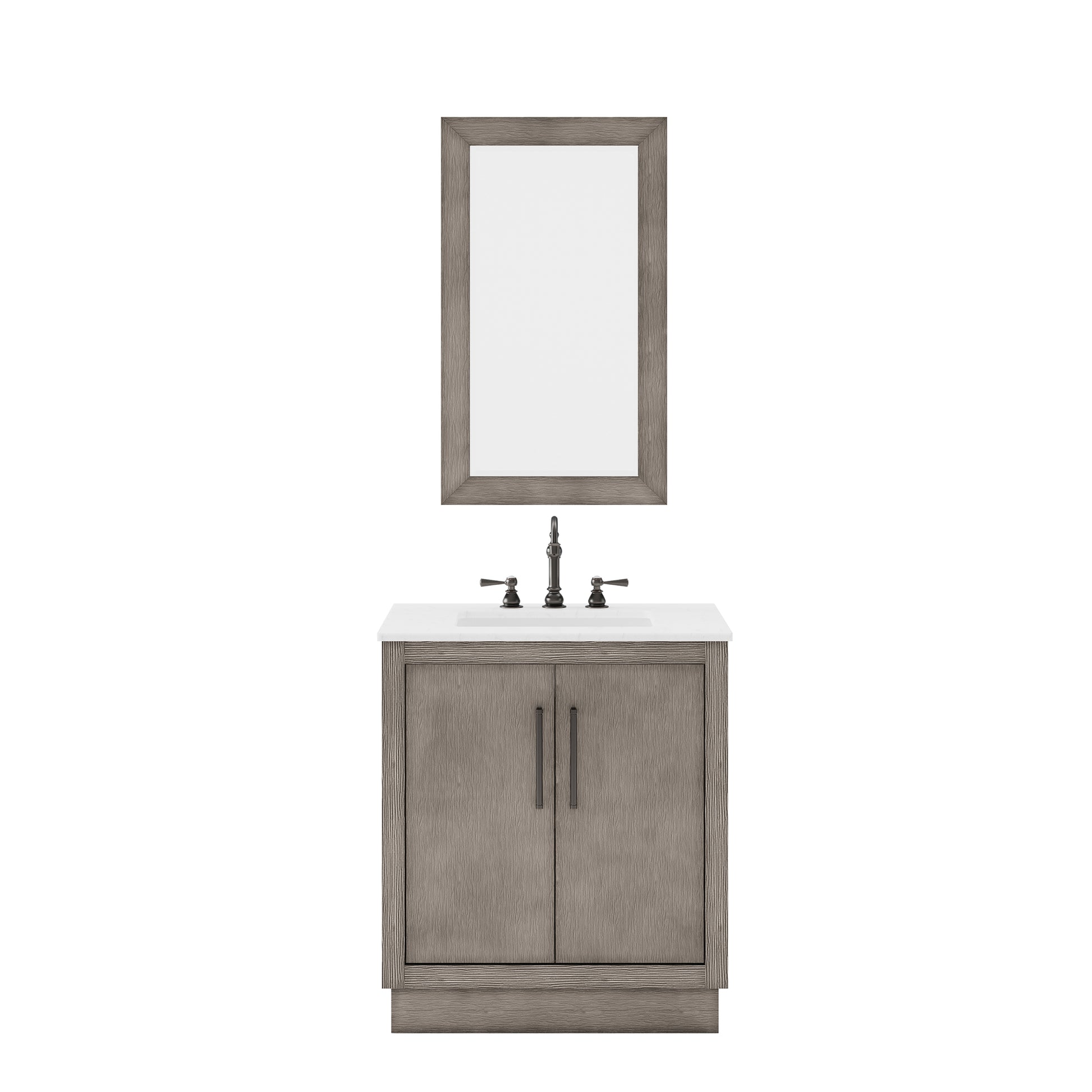 HUGO 30"W x 34.3"H Gray Oak Single-Sink Vanity with Carrara White Marble Countertop + Mirror