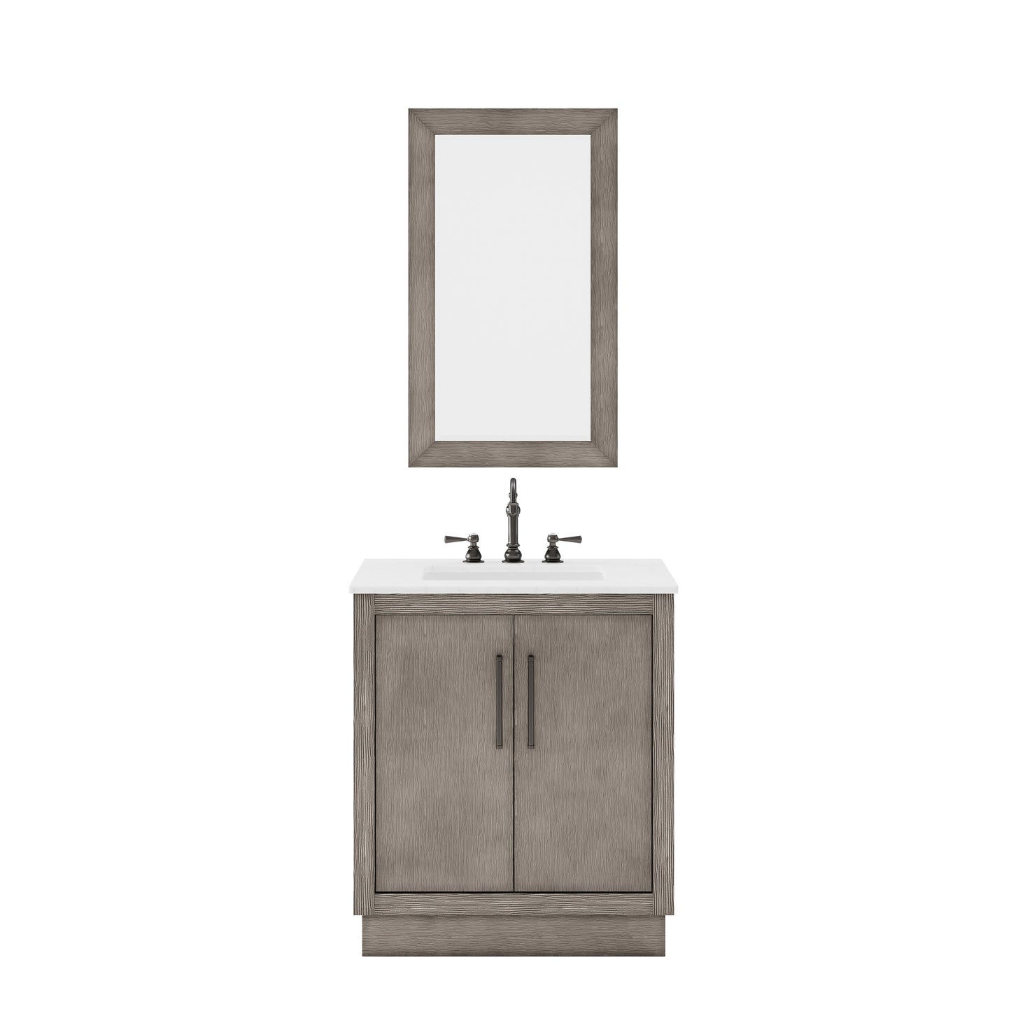 HUGO 30"W x 34.3"H Gray Oak Single-Sink Vanity with Carrara White Marble Countertop + Mirror