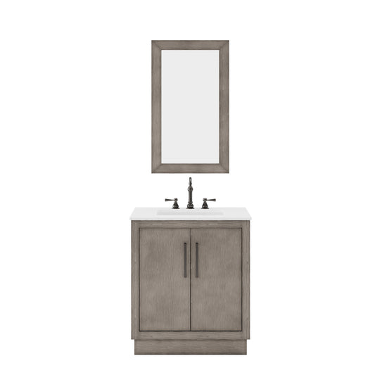 HUGO 30"W x 34.3"H Gray Oak Single-Sink Vanity with Carrara White Marble Countertop + Mirror