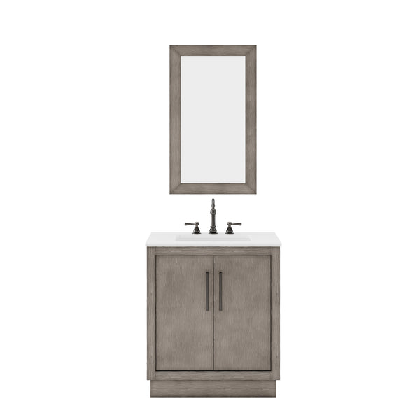 HUGO 30W x 34.3H Gray Oak Single-Sink Vanity with Carrara White Marble Countertop + Mirror