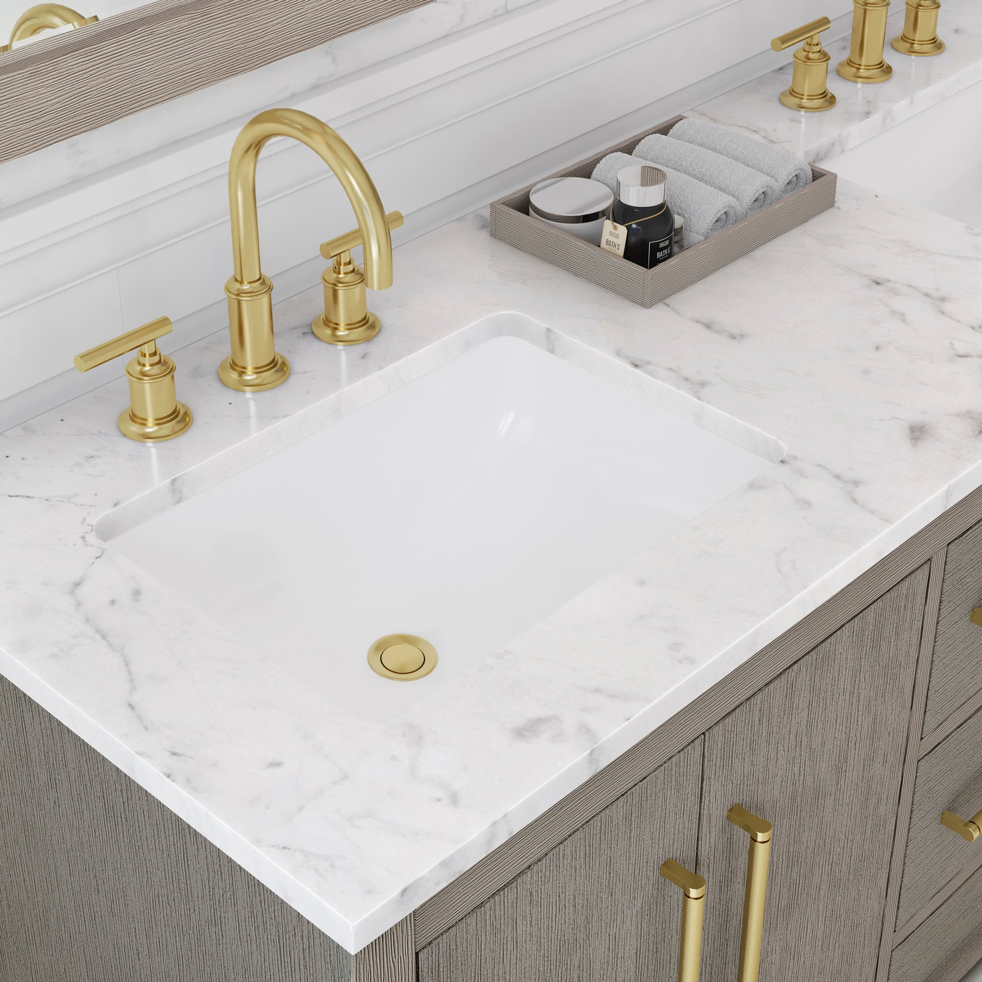 HUGO 60"W x 34.3"H Gray Oak Double-Sink Vanity with Carrara White Marble Countertop + Gooseneck Faucets