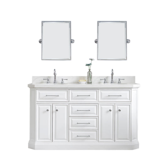 PALACE 60"W x 34"H Pure White Vanity with Carrara Quartz Countertop + Faucets & Mirror (F2-0012), Chrome Finish Hardware & Mirror