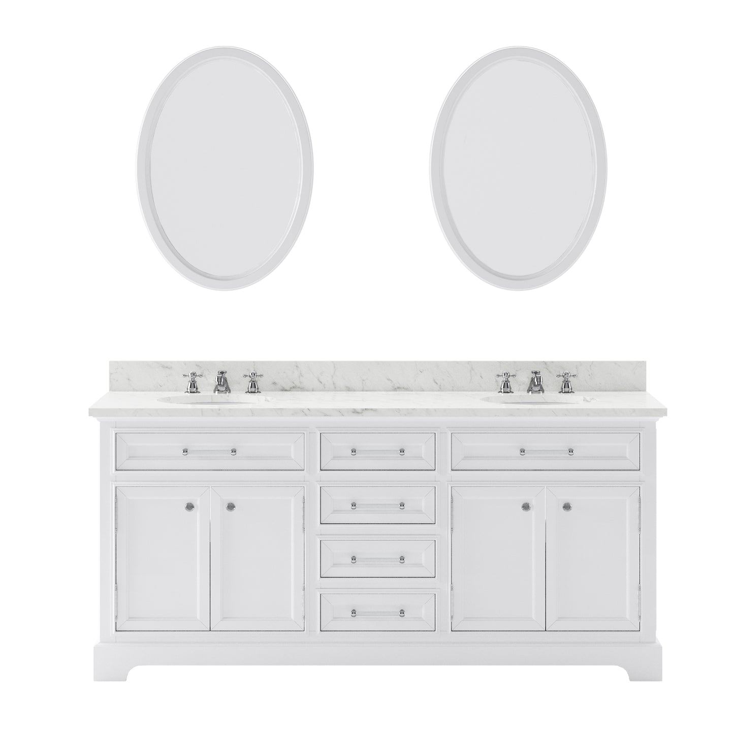 DERBY 72"W x 34"H Pure White Double-Sink Vanity with Carrara White Marble Countertop + Mirrors