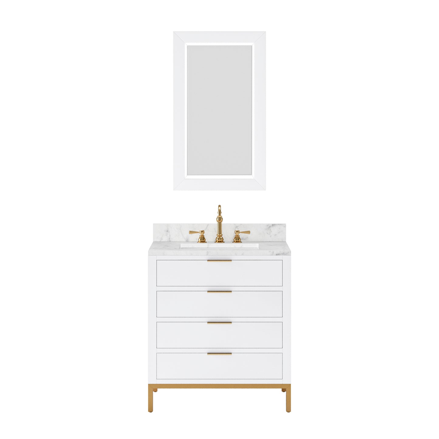 BRISTOL 30"W x 34"H Pure White Single-Sink Vanity with Carrara White Marble Countertop + Satin Gold Hook Faucet and Rectangular Mirror (S)