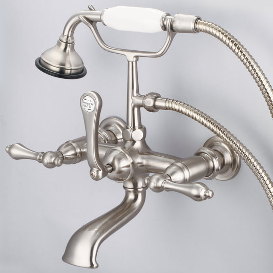 Vintage Classic 7" Spread Wall Mount Tub Faucet With Straight Wall Connector & Handheld Shower in Brushed Nickel Finish, With Metal Lever Handles Without Labels