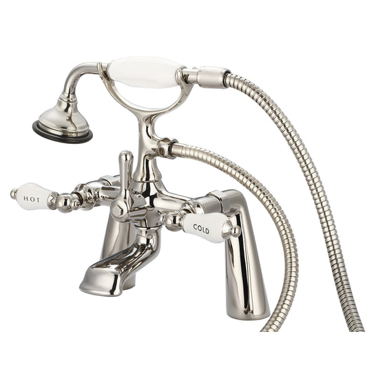 Vintage Classic 7" Spread Deck Mount Tub Faucet With Handheld Shower in Polished Nickel Finish, With Porcelain Lever Handles, Hot And Cold Labels Included