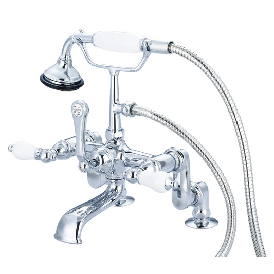 Vintage Classic Adjustable Center Deck Mount Tub Faucet With Handheld Shower in Chrome Finish, With Porcelain Lever Handles Without labels