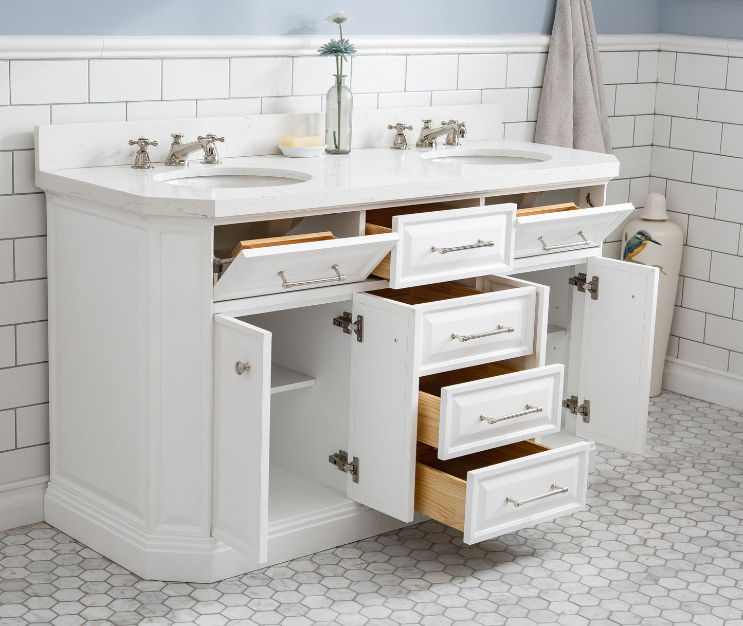 PALACE 60"W x 34"H Pure White Vanity with Carrara Quartz Countertop + Faucets (F2-0009), Polished Nickel Finish Hardware