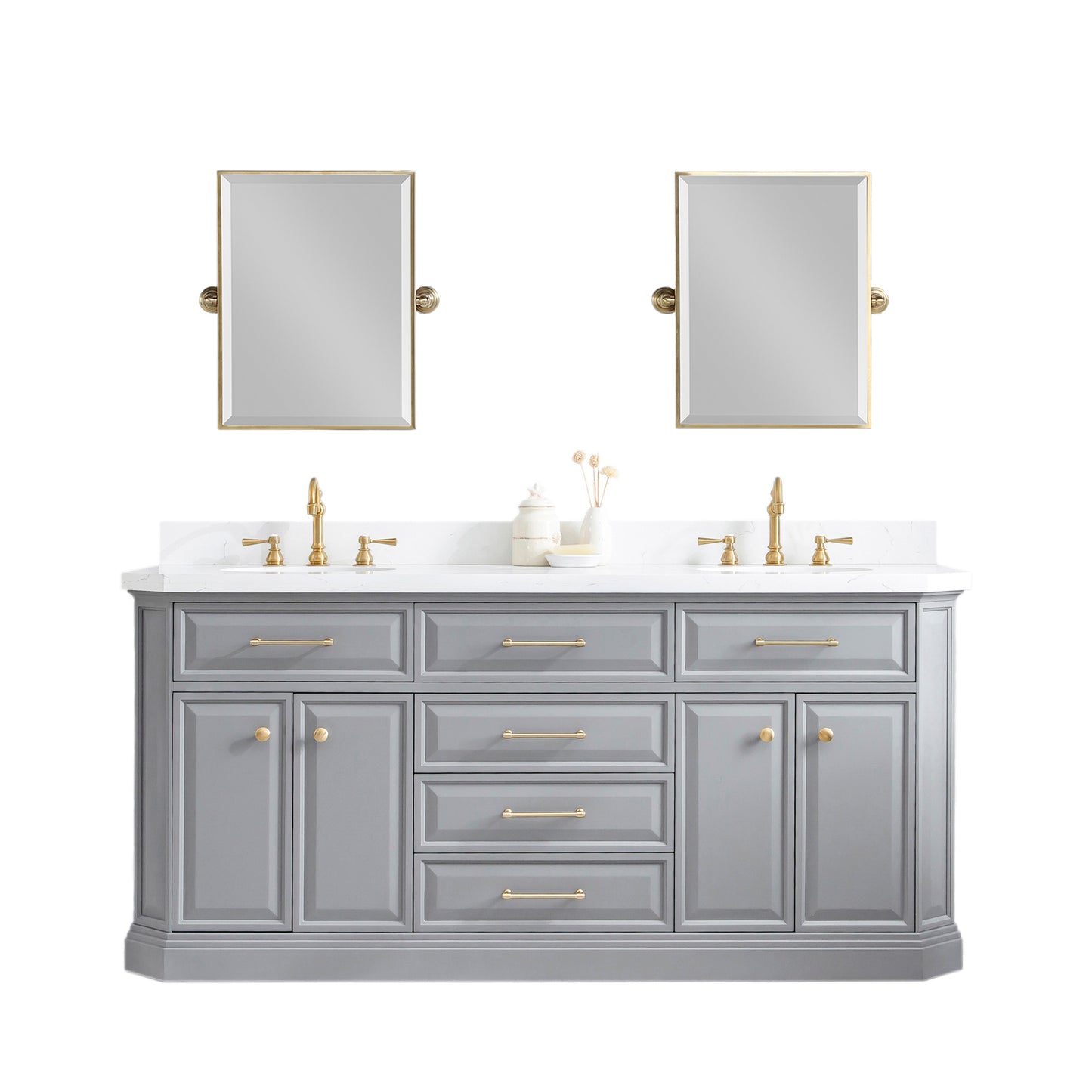 PALACE 72"W x 34"H Cashmere Gray Vanity with Carrara Quartz Countertop + Faucets & Mirrors (F2-0012), Satin Gold Finish Hardware & Chrome Finish Mirror (B)