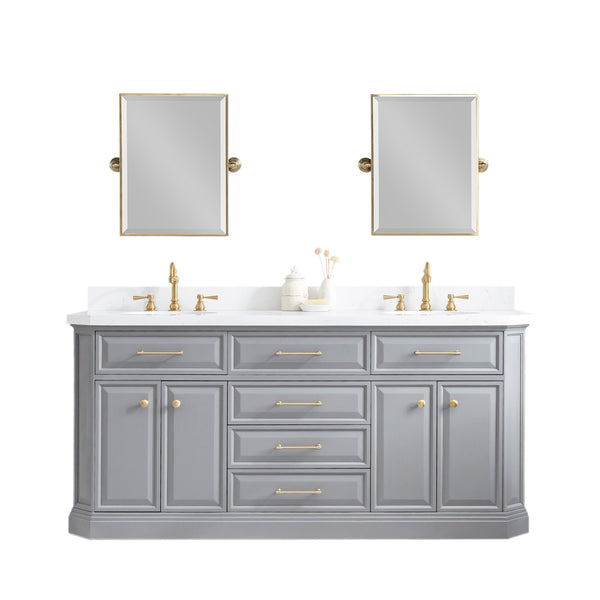 PALACE 72W x 34H Cashmere Gray Vanity with Carrara Quartz Countertop + Faucets & Mirrors (F2-0012), Satin Gold Finish Hardware & Chrome Finish Mirror (B)