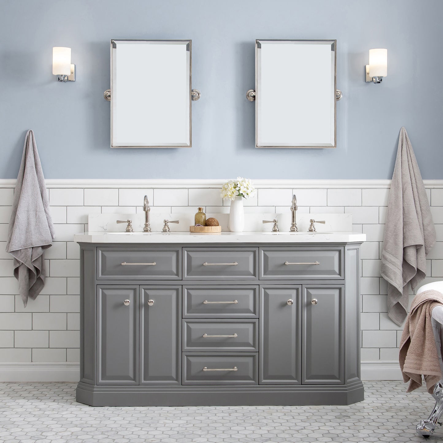 PALACE 60"W x 34"H Cashmere Gray Vanity with Carrara Quartz Countertop + Faucets & Mirror (F2-0012), Polished Nickel Finish Hardware & Mirror