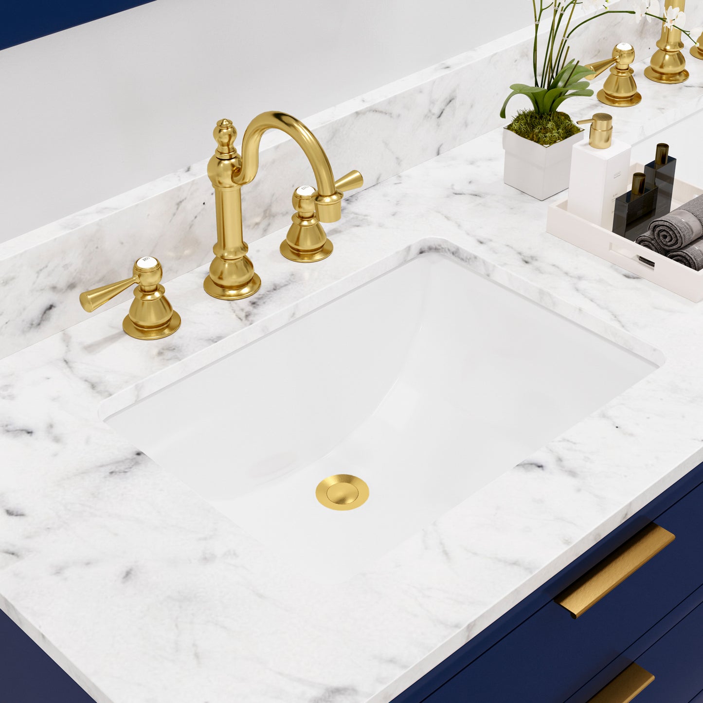 BRISTOL 60"W x 34"H Monarch Blue Double-Sink Vanity with Carrara White Marble Countertop + Satin Gold Hook Faucets