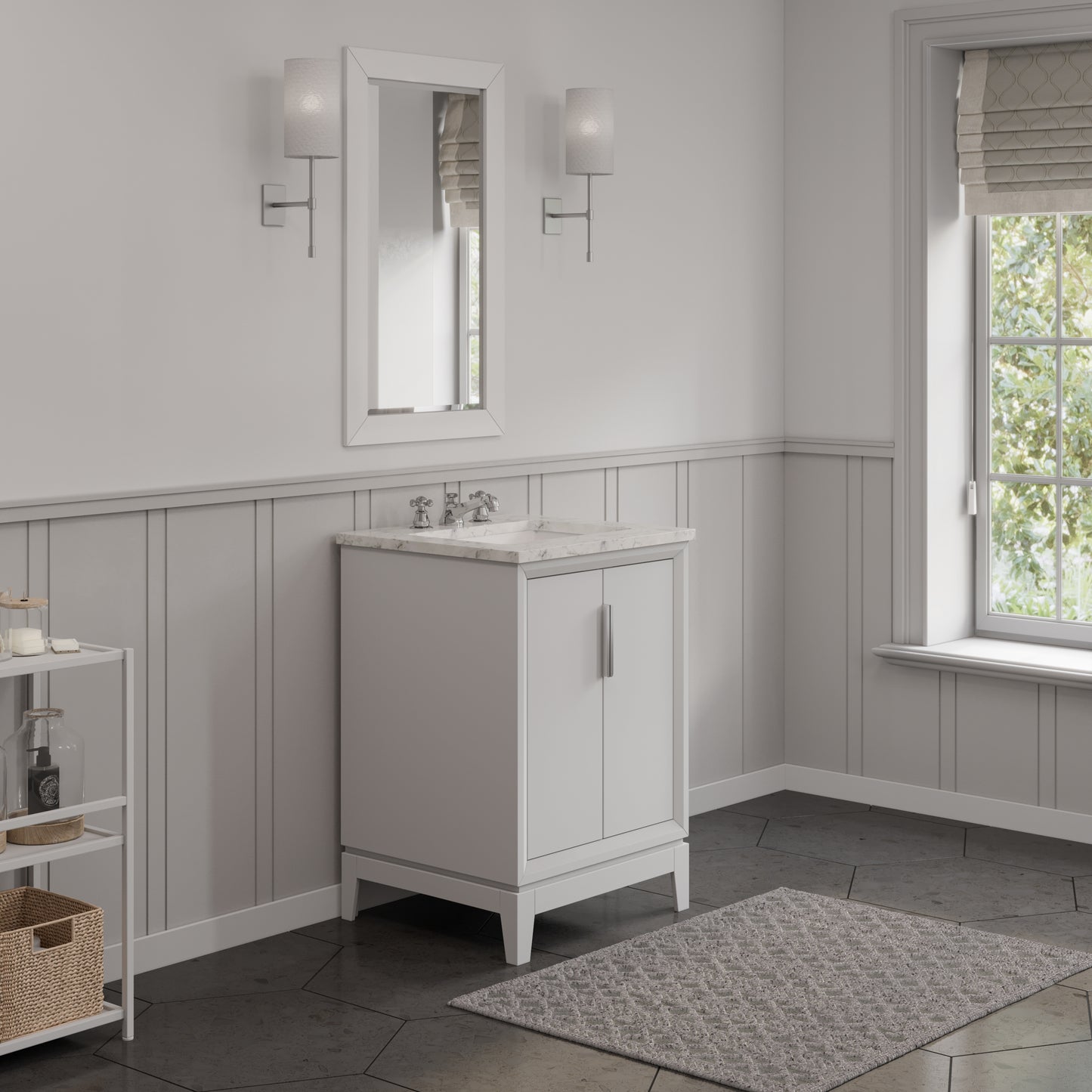 ELIZABETH 24"W x 34.25"H Pure White Single-Sink Vanity with Carrara White Marble Countertop + Faucets & Mirror (F2-0009-01-BX)