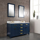 MADISON 60"W x 34"H Monarch Blue Double-Sink Vanity with Carrara White Marble Countertop + Mirror