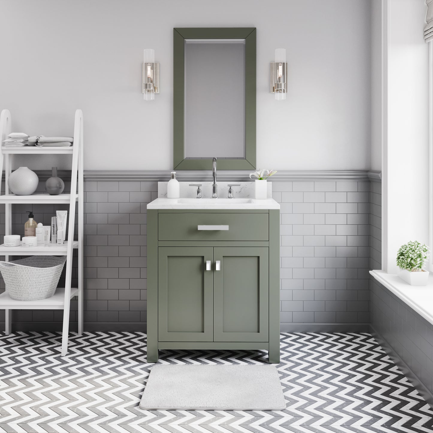 MADISON 30"W x 34"H Glacial Green Single-Sink Vanity with Carrara White Marble Countertop + Gooseneck Faucet