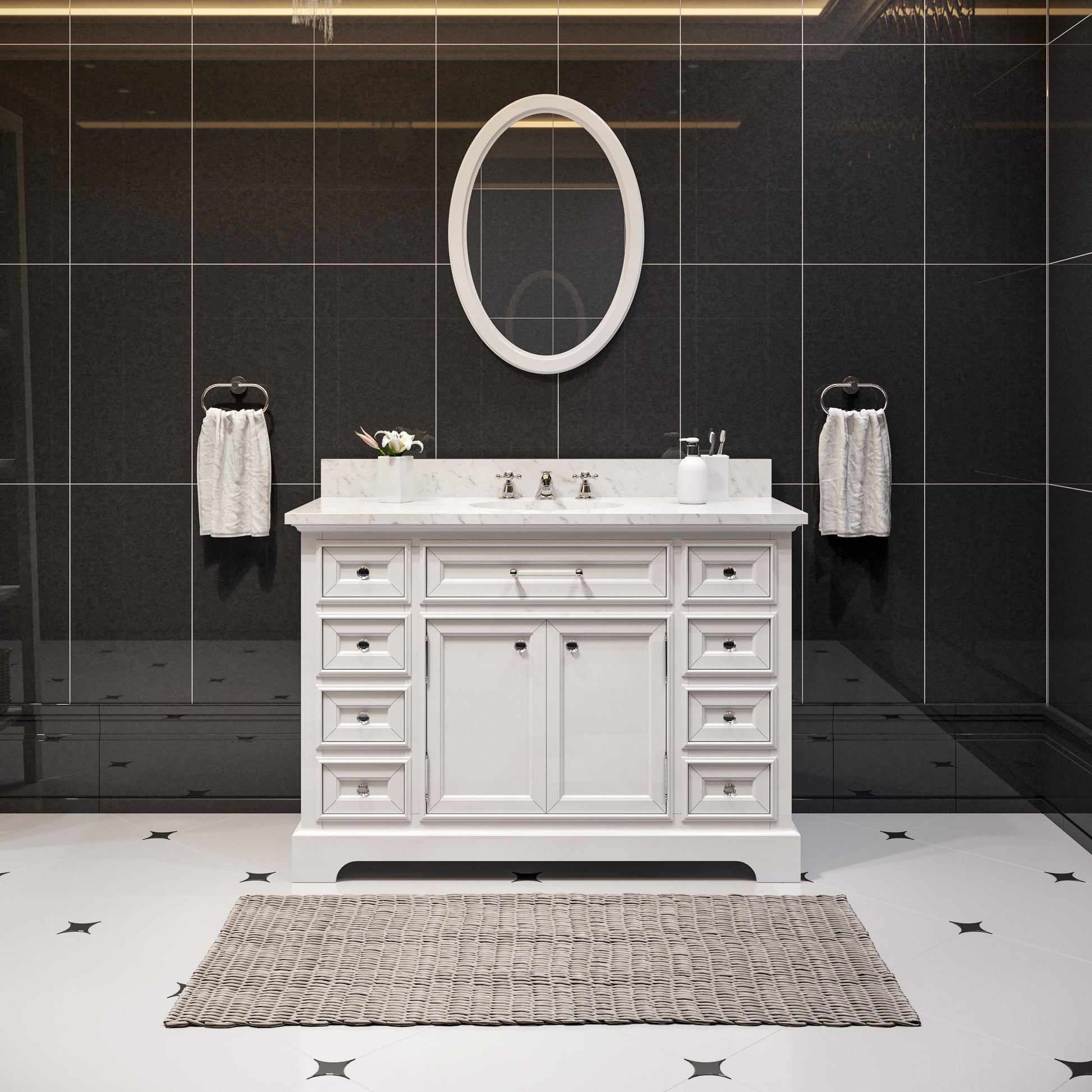 DERBY 48"W x 34"H Pure White Single-Sink Vanity with Carrara White Marble Countertop + Faucet & Mirror