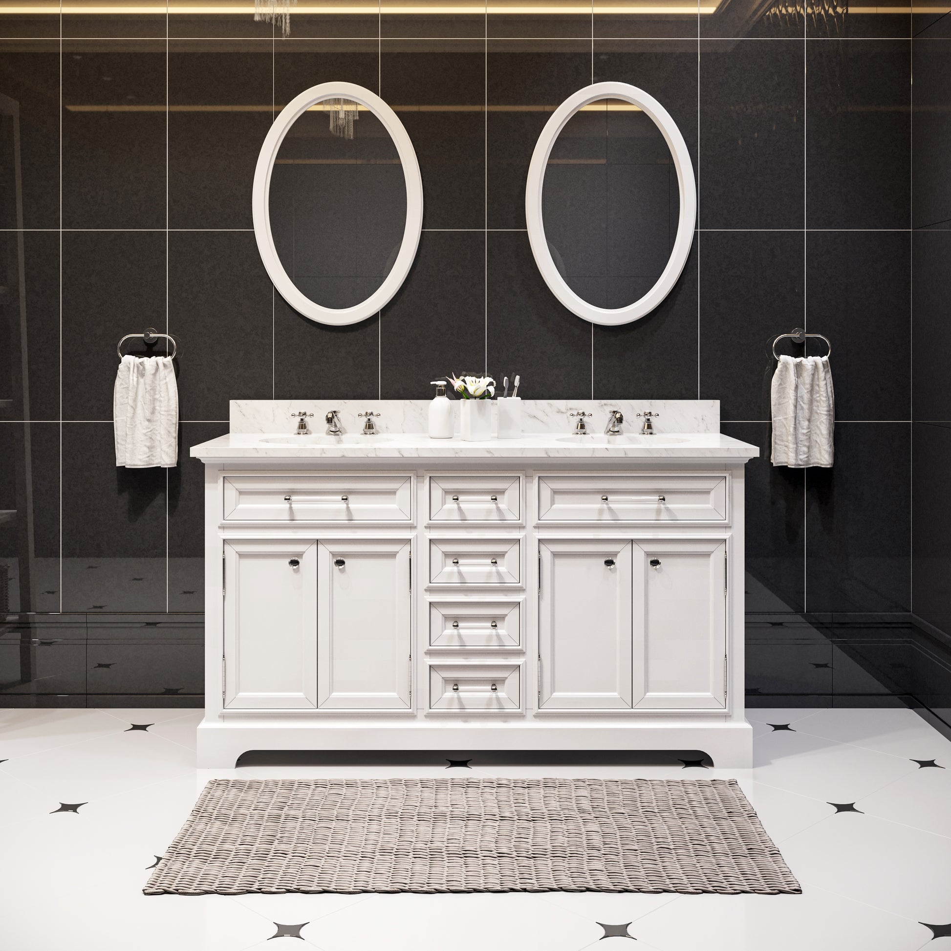 DERBY 60"W x 34"H Pure White Double-Sink Vanity with Carrara White Marble Countertop