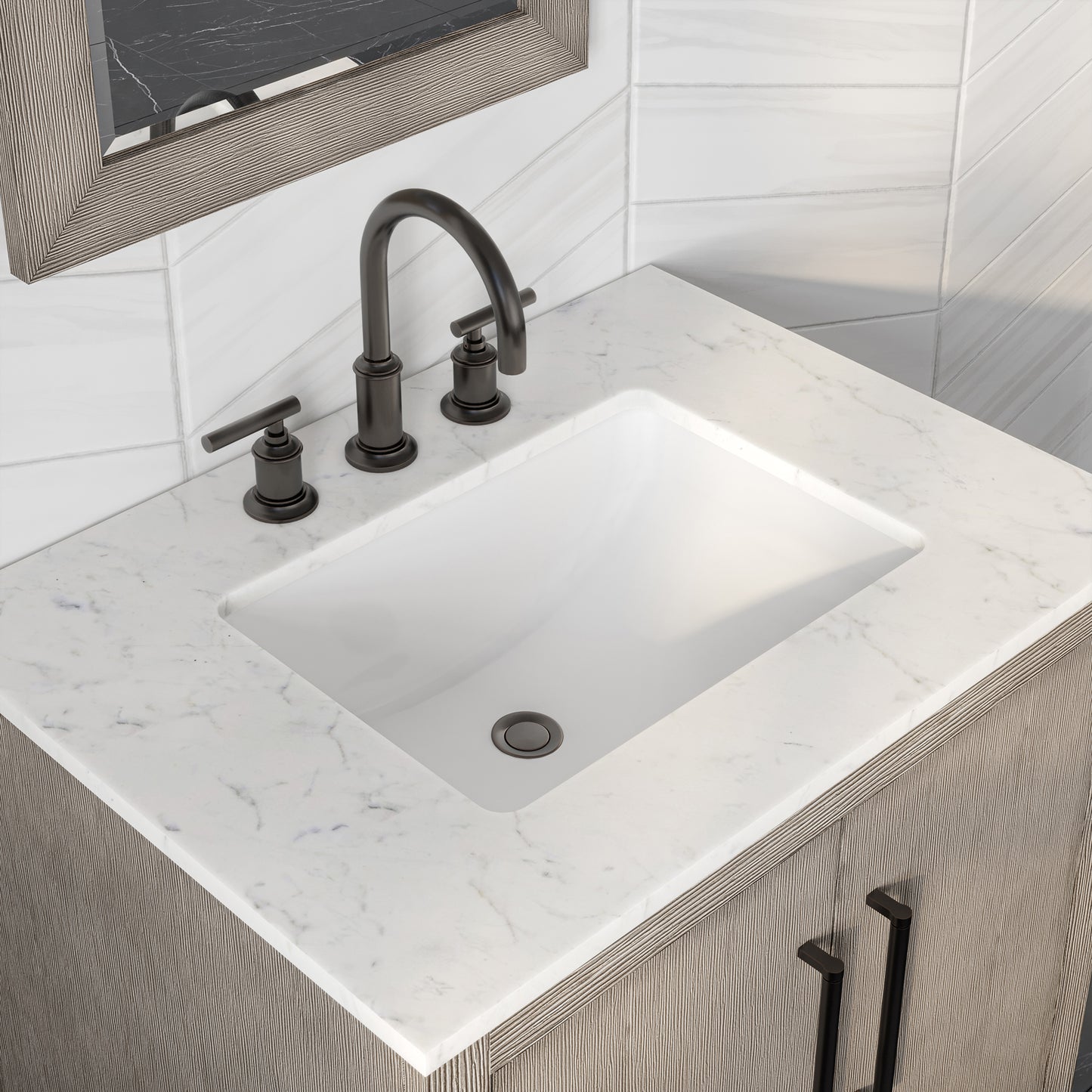 HUGO 30"W x 34.3"H Gray Oak Single-Sink Vanity with Carrara White Marble Countertop + Gooseneck Faucet