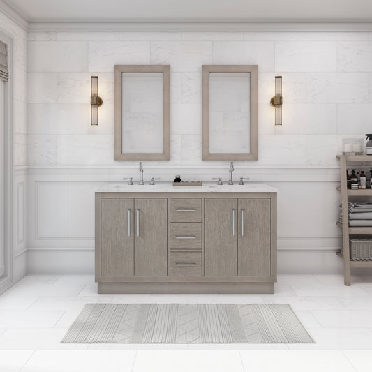 HUGO 60"W x 34.3"H Gray Oak Double-Sink Vanity with Carrara White Marble Countertop + Hook Faucets and Mirrors