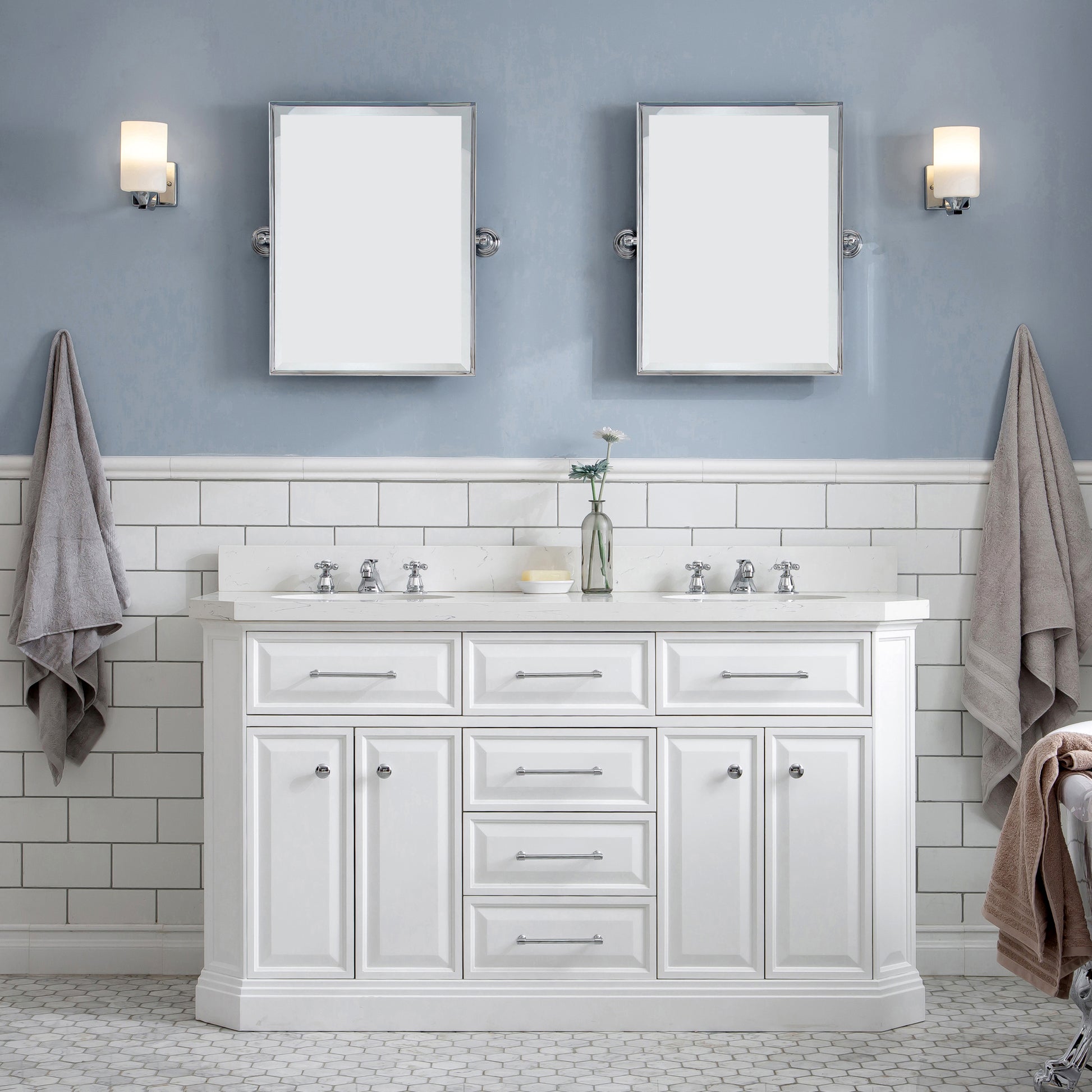 PALACE 60"W x 34"H Pure White Vanity with Carrara Quartz Countertop + Faucets (F2-0009), Chrome Finish Hardware