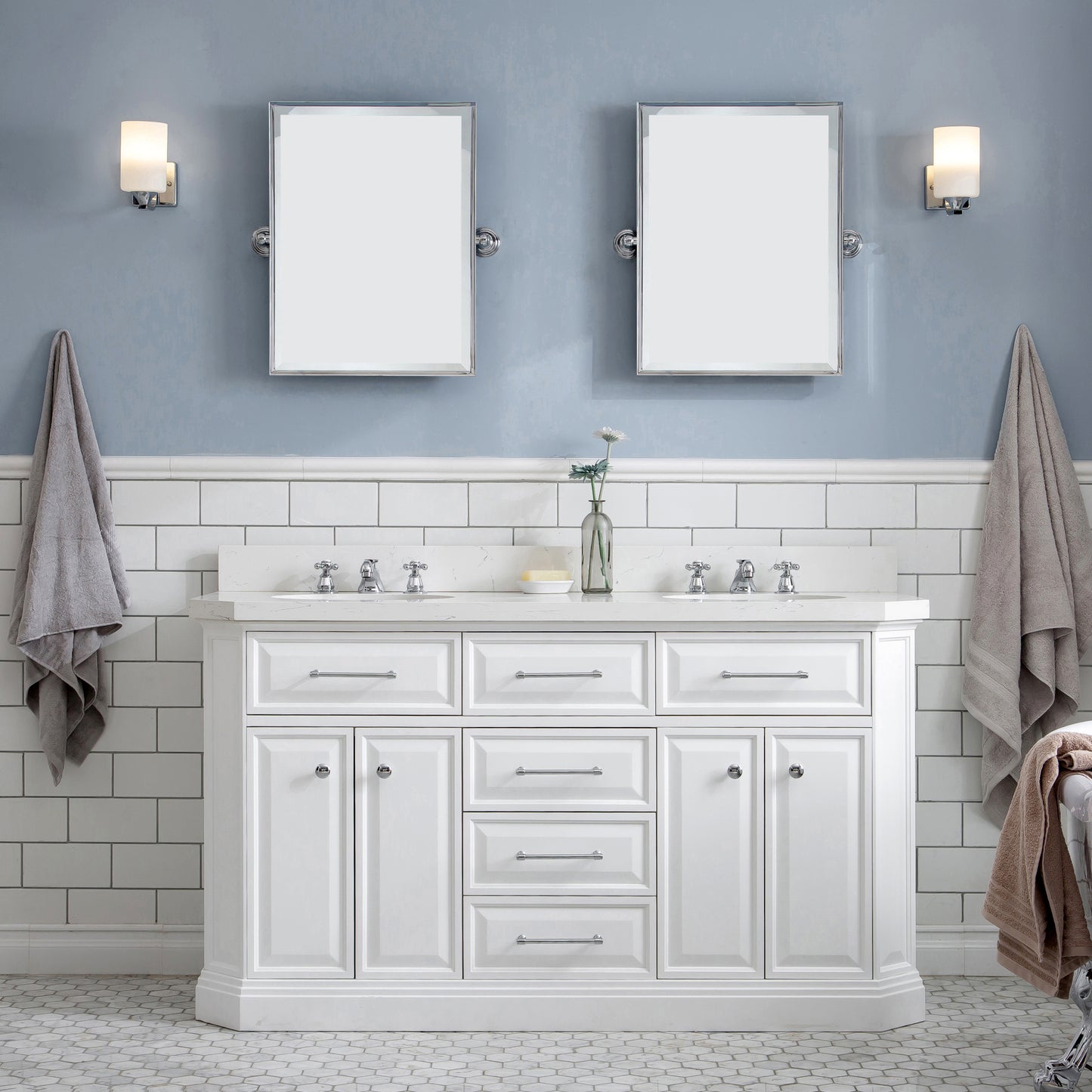 PALACE 60"W x 34"H Pure White Vanity with Carrara Quartz Countertop + Faucets (F2-0009), Chrome Finish Hardware