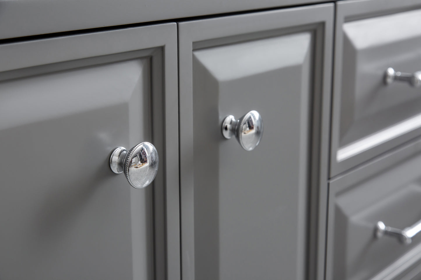 PALACE 60"W x 34"H Cashmere Gray Vanity with Carrara Quartz Countertop + Mirror, Chrome Finish Hardware & Mirror