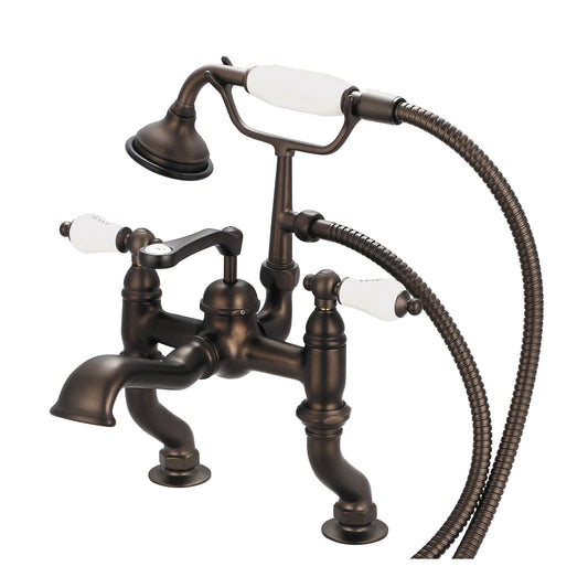 Vintage Classic Adjustable Center Deck Mount Tub Faucet With Handheld Shower in Oil Rubbed Bronze Finish, With Porcelain Lever Handles, Hot And Cold Labels Included