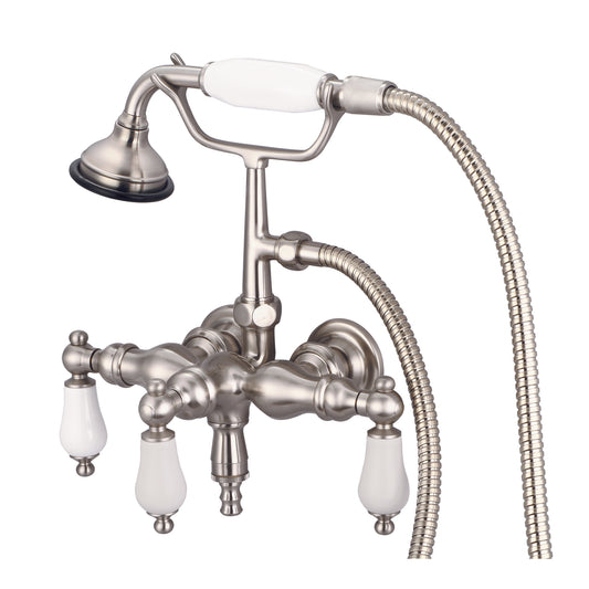 Vintage Classic 3.375" Center Wall Mount Tub Faucet With Down Spout, Straight Wall Connector & Handheld Shower in Brushed Nickel Finish, With Porcelain Lever Handles Without labels