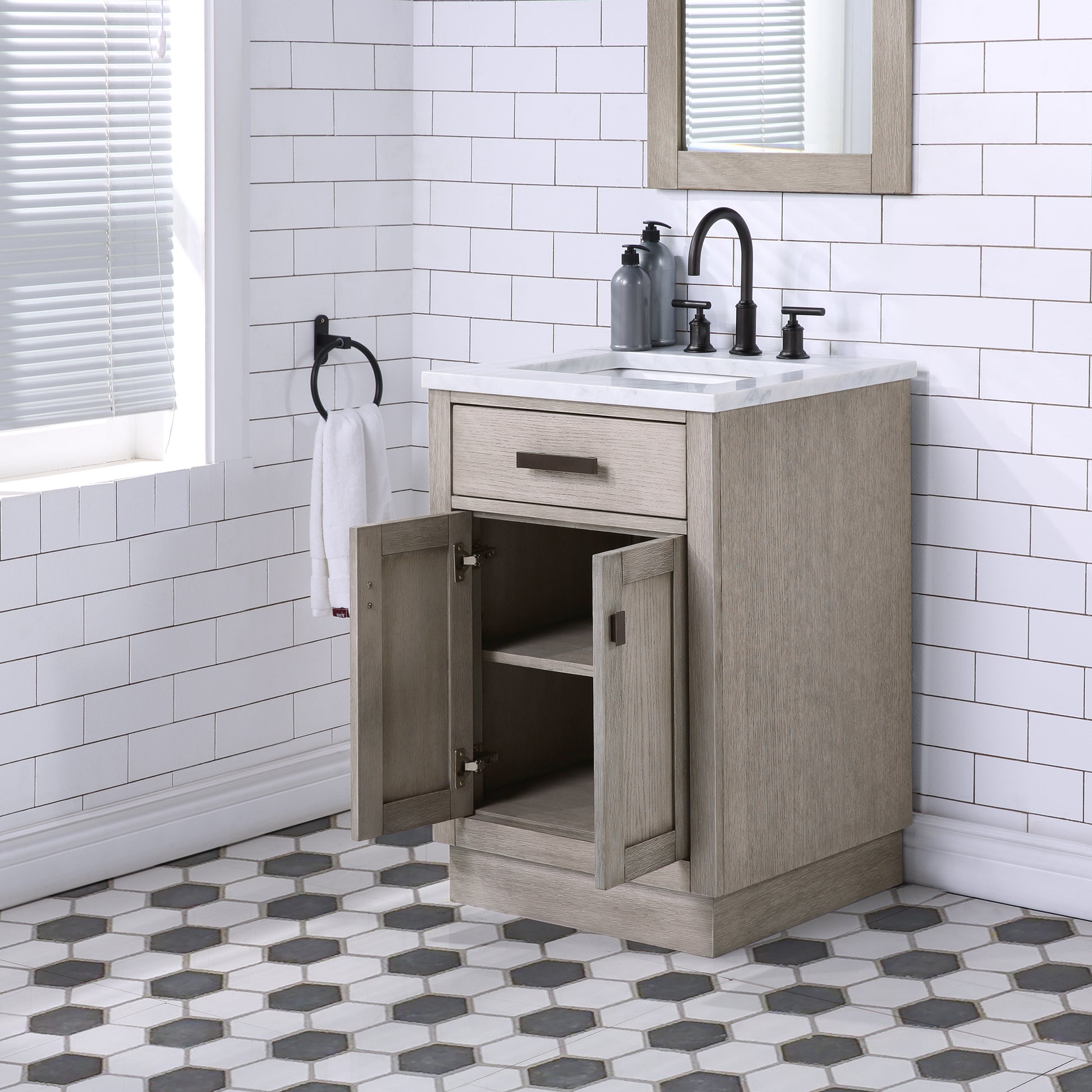 CHESTNUT 24"W x 34.2"H Gray Oak Single-Sink Vanity with Carrara White Marble Countertop + Faucet & Mirror