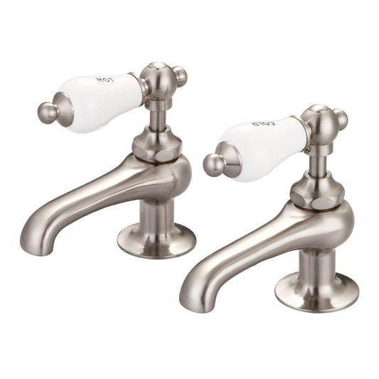 Vintage Classic Basin Cocks Bathroom Faucets in Brushed Nickel Finish, With Porcelain Lever Handles, Hot And Cold Labels Included