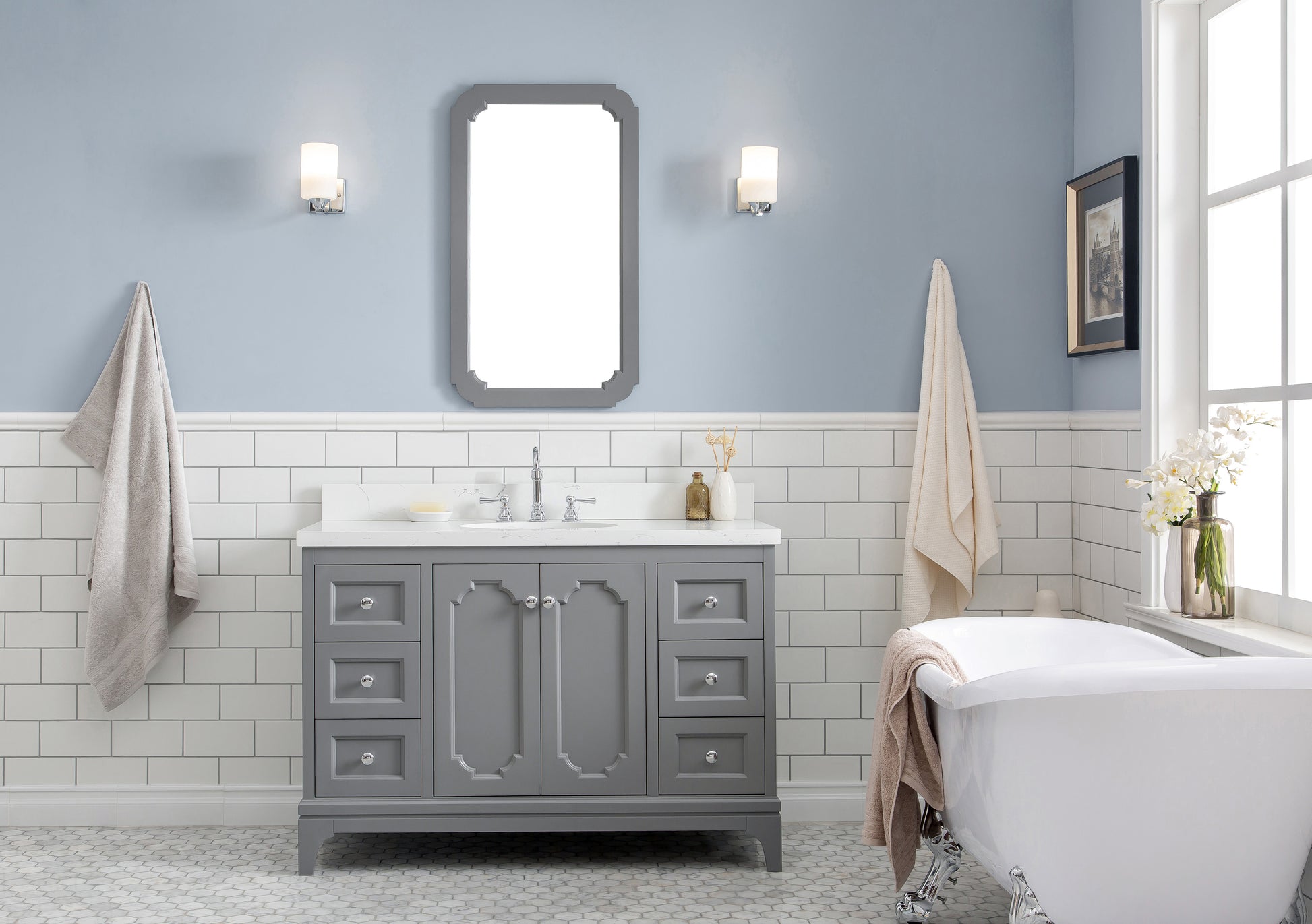 QUEEN 48"W x 34"H Cashmere Gray Single-Sink Vanity with Carrara Quartz Countertop + Faucets & Mirror (F2-0012-01-TL)