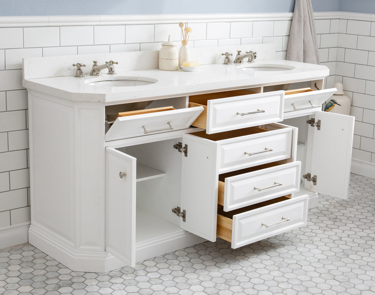 PALACE 72"W x 34"H Pure White Vanity with Carrara Quartz Countertop + Mirror, Polished Nickel Finish Hardware & Mirror