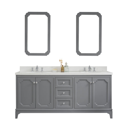 QUEEN 72"W x 34"H Cashmere Gray Double-Sink Vanity with Carrara Quartz Countertop + Faucets & Mirror (F2-0013)