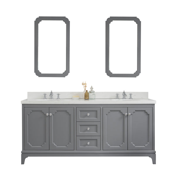 QUEEN 72W x 34H Cashmere Gray Double-Sink Vanity with Carrara Quartz Countertop + Faucets & Mirror (F2-0013)