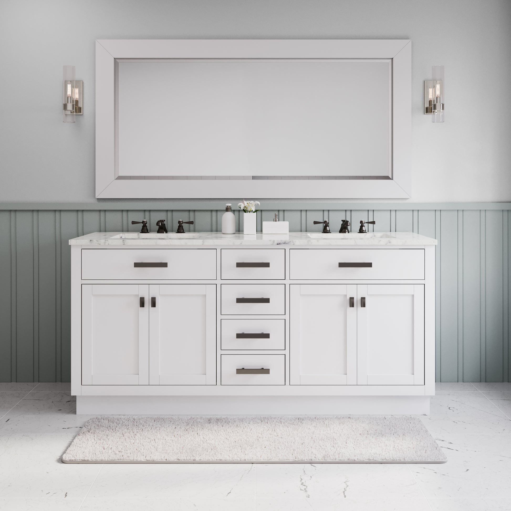 HARTFORD 72"W x 34"H Pure White Double-Sink Vanity with Carrara White Marble Countertop + Rectangular Mirror (L)