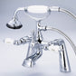 Vintage Classic 7" Spread Deck Mount Tub Faucet With Handheld Shower in Chrome Finish, With Porcelain Lever Handles, Hot And Cold Labels Included