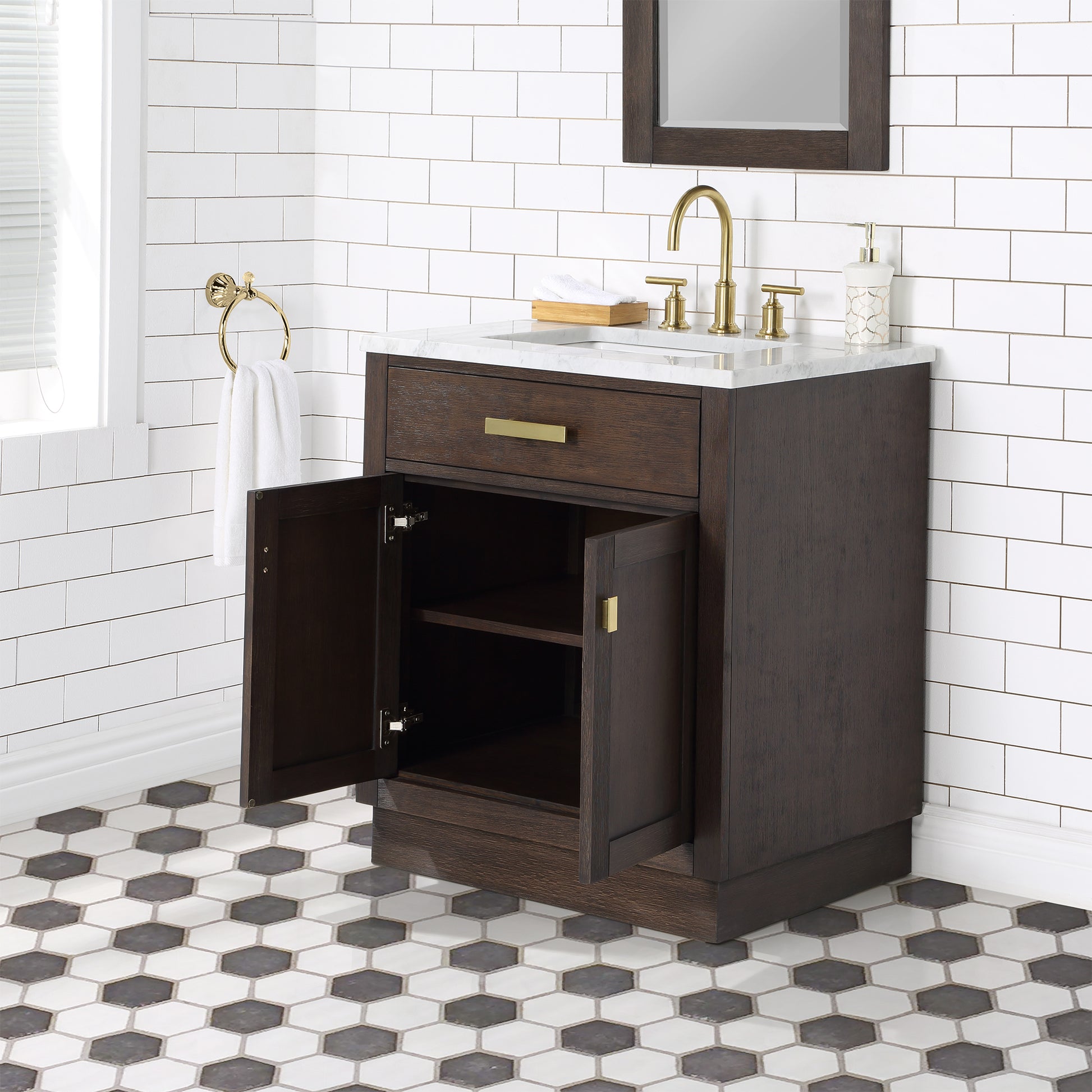 CHESTNUT 30"W x 34.2"H Brown Oak Single-Sink Vanity with Carrara White Marble Countertop