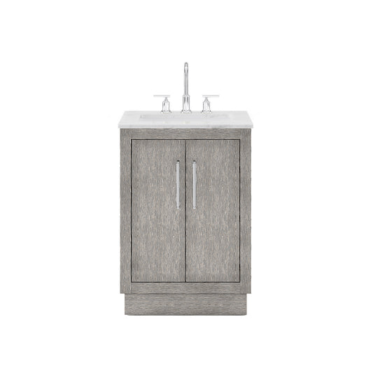 HUGO 24"W x 34.3"H Gray Oak Single-Sink Vanity with Carrara White Marble Countertop + Gooseneck Faucet