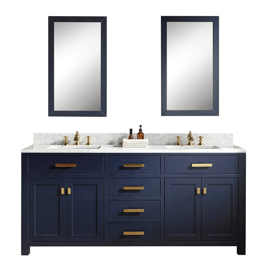 MADISON 72"W x 34"H Monarch Blue Double-Sink Vanity with Carrara White Marble Countertop + Mirror