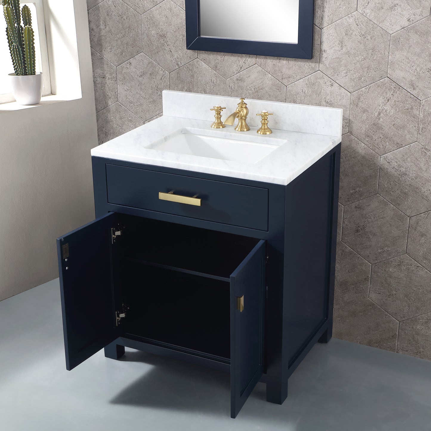 MADISON 30"W x 34"H Monarch Blue Single-Sink Vanity with Carrara White Marble Countertop + Faucets (F2-0013-06-FX)