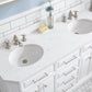 PALACE 60"W x 34"H Pure White Vanity with Carrara Quartz Countertop + Faucets (F2-0013), Polished Nickel Finish Hardware