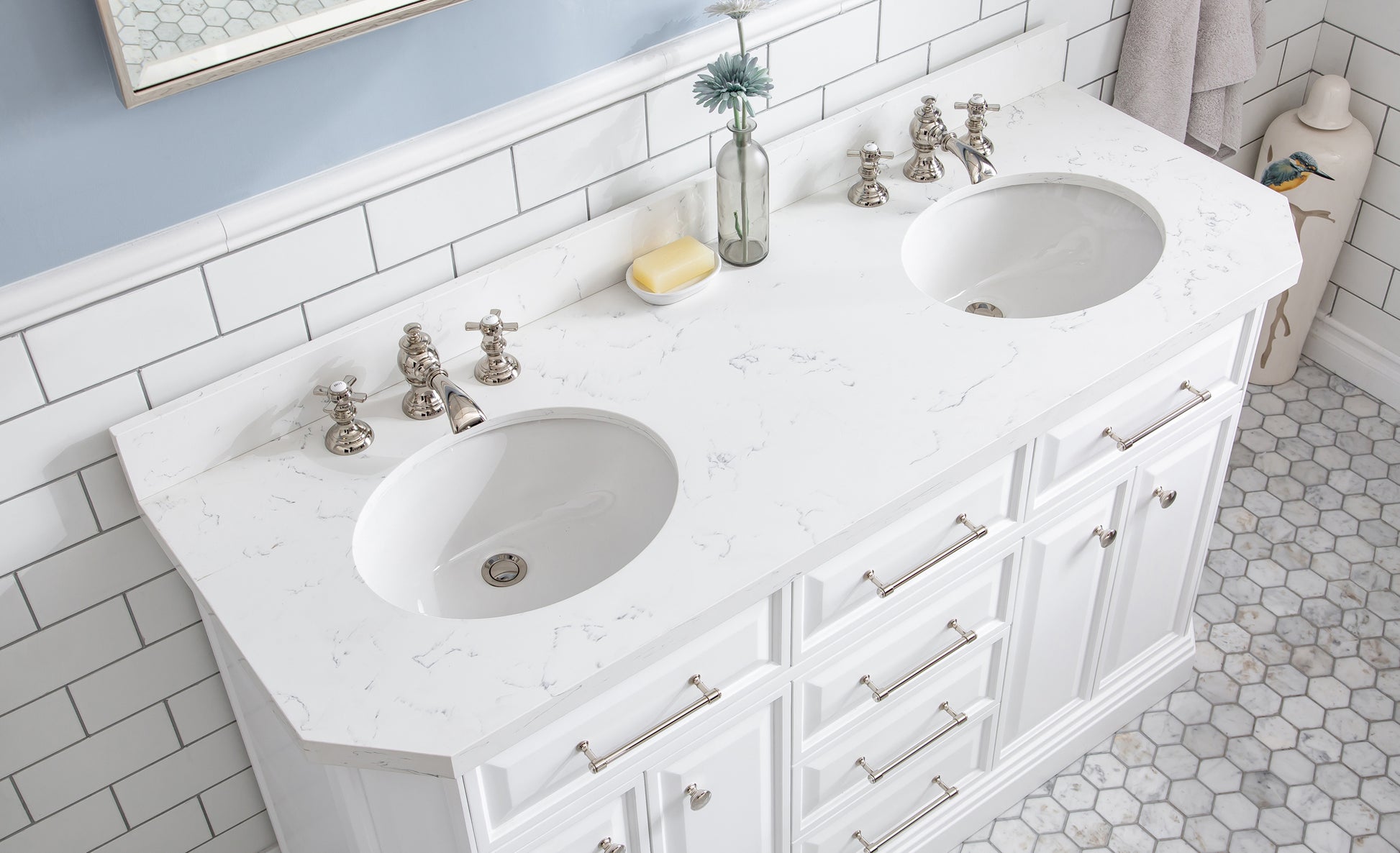 PALACE 60"W x 34"H Pure White Vanity with Carrara Quartz Countertop + Faucets (F2-0013), Polished Nickel Finish Hardware